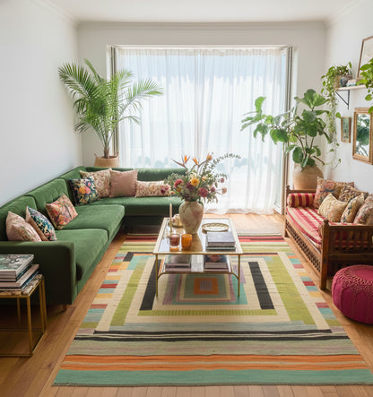 Kilim Art Deco 255 x 176 cm en situation dans un intérieur moderne – Décoration provenance Nord Ouest-Afghanistan