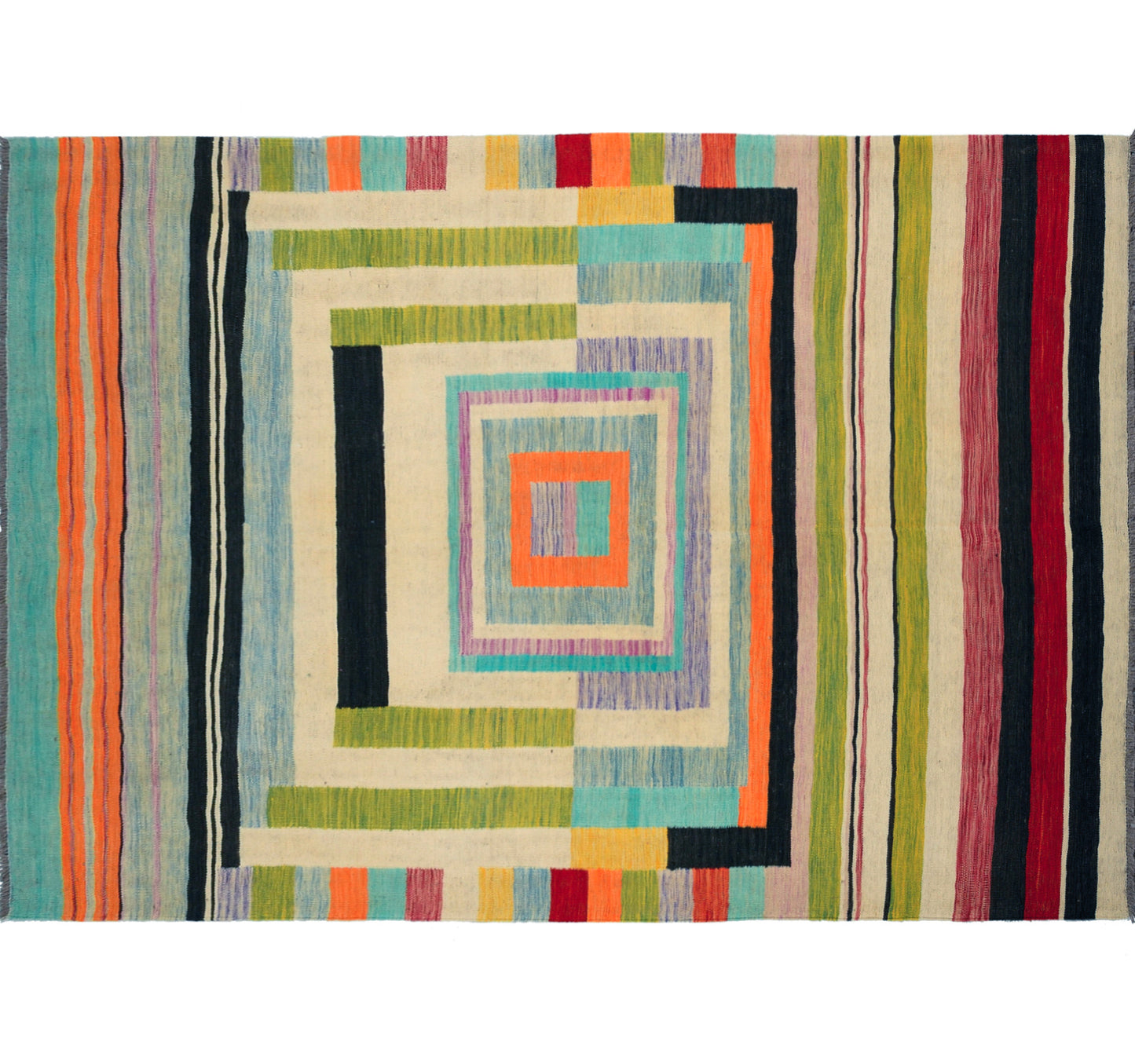 Vue horizontale du kilim Art Deco 255 x 176 cm – Tapis en laine de provenance Nord Ouest-Afghanistan