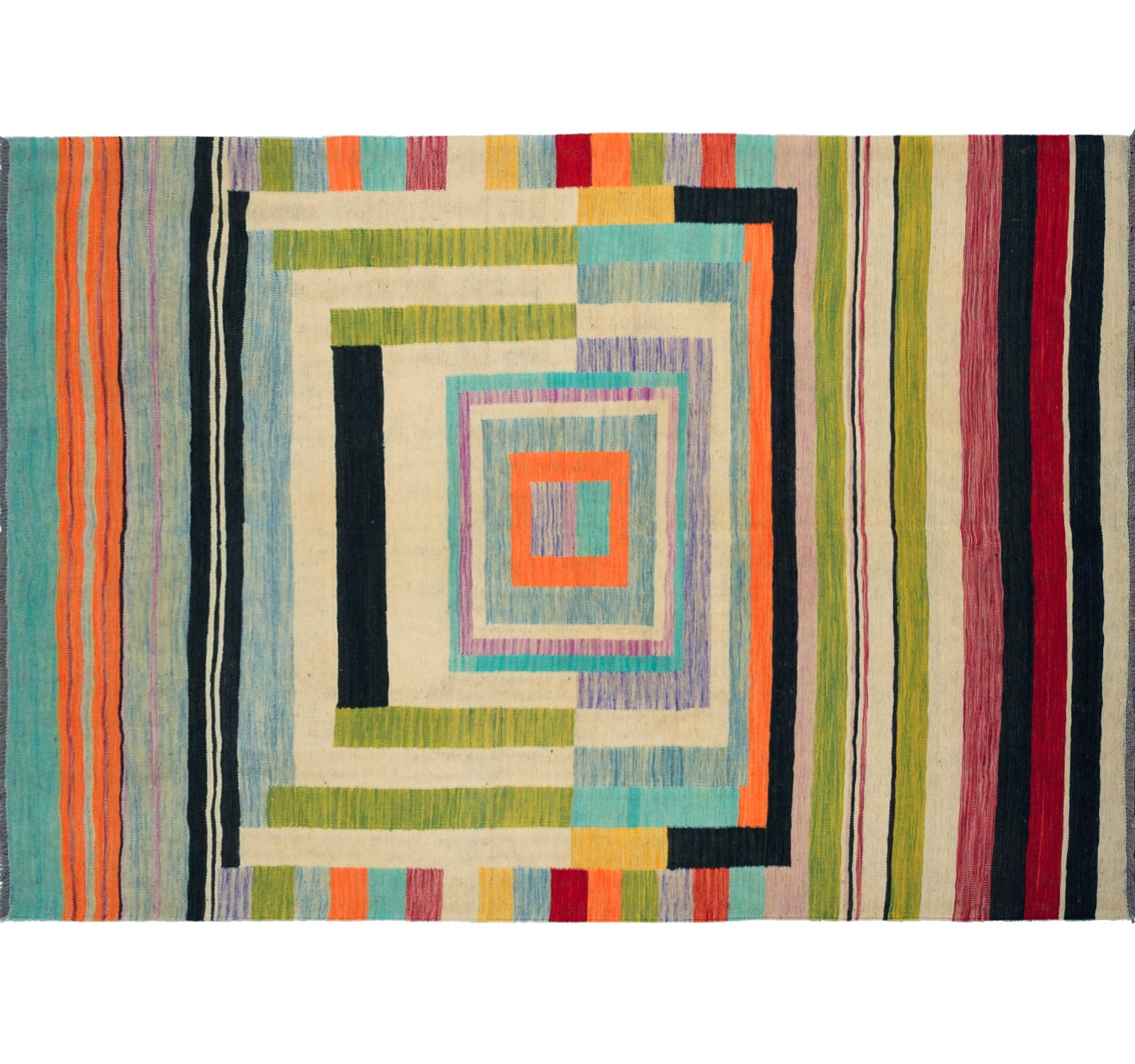 Vue horizontale du kilim Art Deco 255 x 176 cm – Tapis en laine de provenance Nord Ouest-Afghanistan