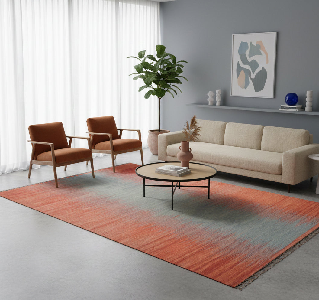 Kilim Art Deco 295 x 195 cm en situation dans un intérieur moderne – Décoration provenance Nord Ouest-Afghanistan