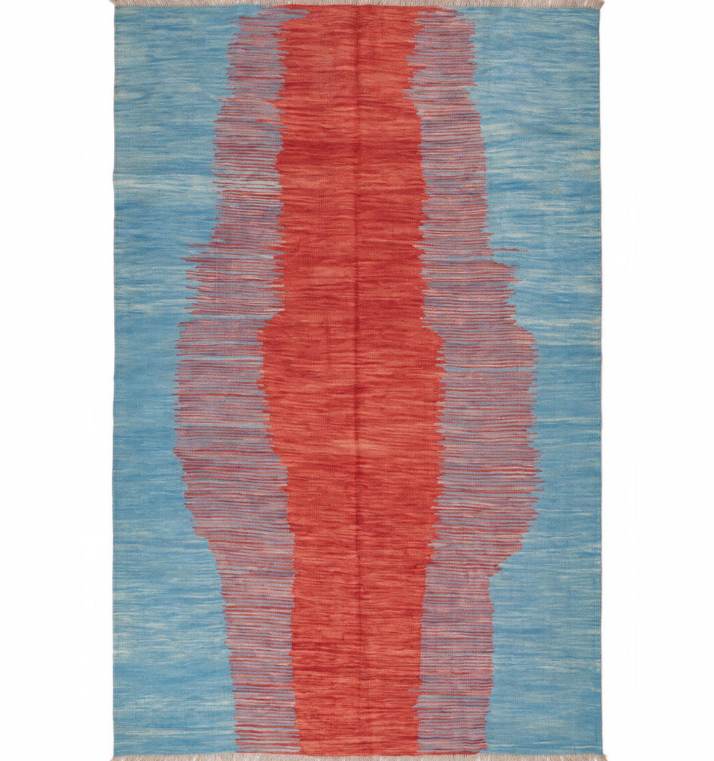  Kilim contemporain Art Déco 297 x 195 cm – vue de face, flamme rouge centrale sur fond bleu turquoise, tissage à la main, laine naturelle, Nord Ouest-Afghanistan