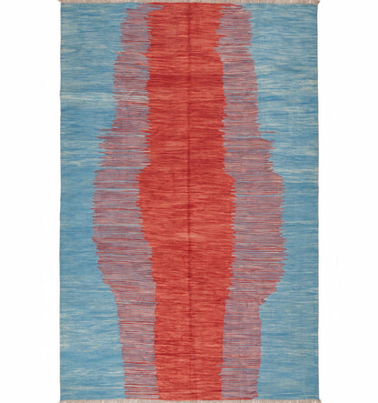  Kilim contemporain Art Déco 297 x 195 cm – vue de face, flamme rouge centrale sur fond bleu turquoise, tissage à la main, laine naturelle, Nord Ouest-Afghanistan