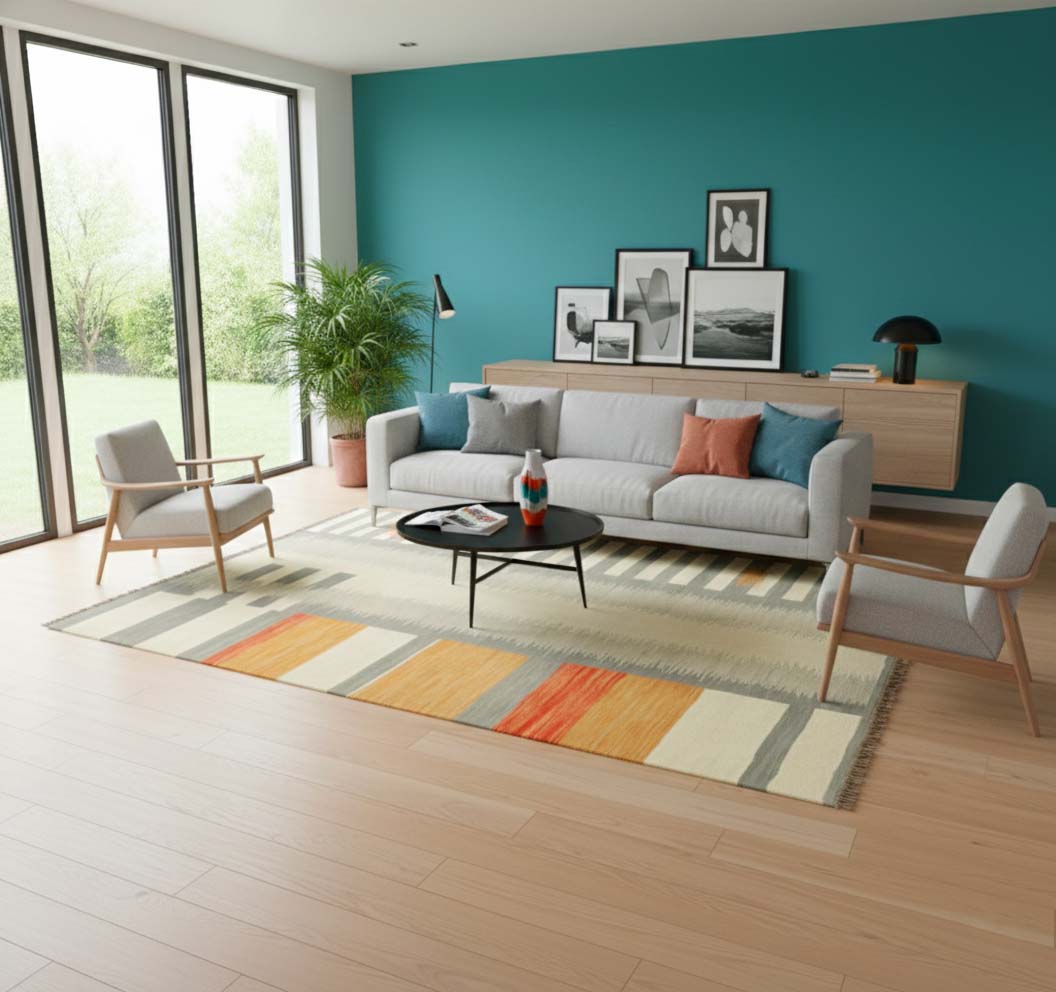 Kilim Art Deco 297 x 198 cm en situation dans un intérieur moderne – Décoration provenance Nord Ouest-Afghanistan