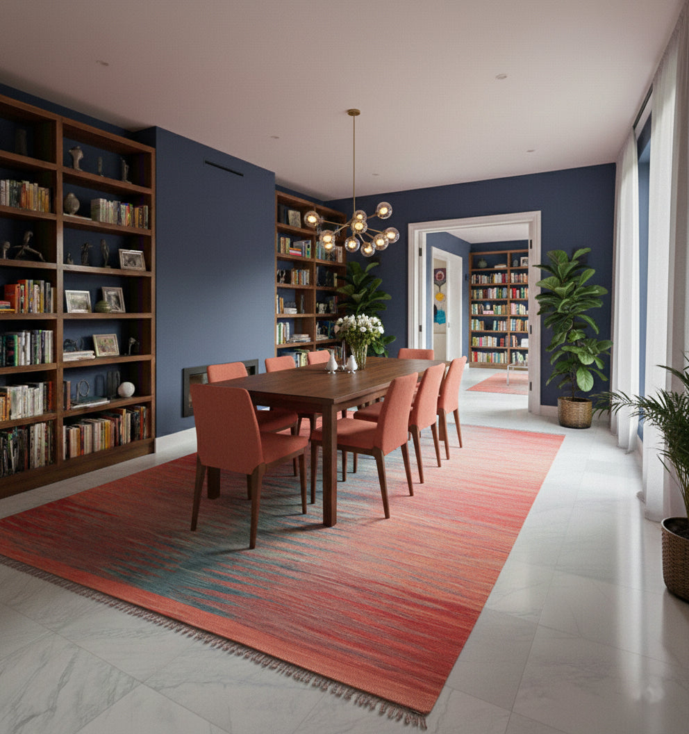 Kilim Art Deco 298 x 197 cm en situation dans un intérieur moderne – Décoration provenance Nord Ouest-Afghanistan