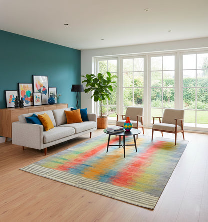 Kilim Art Deco 301 x 196 cm en situation dans un intérieur moderne – Décoration provenance Nord Ouest-Afghanistan