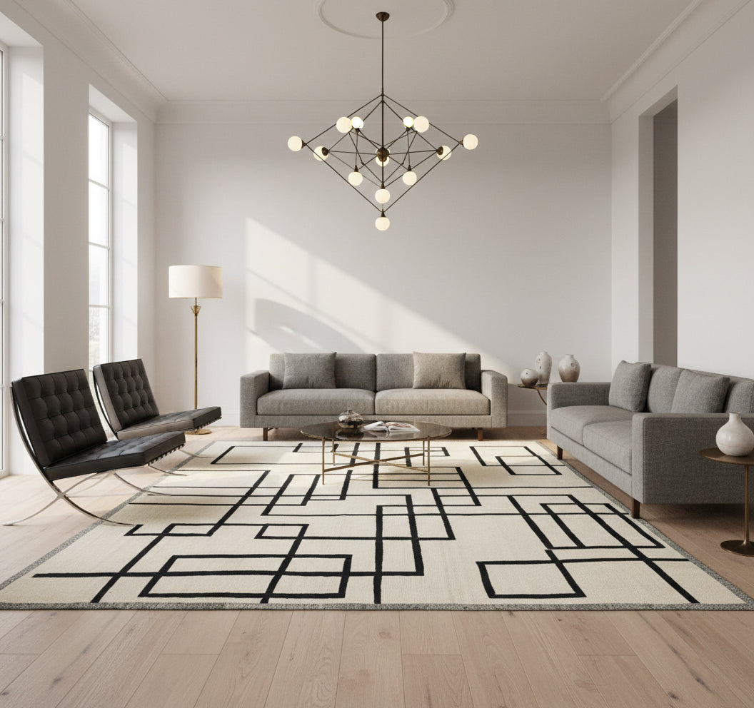 Kilim Art Deco 303 x 193 cm en situation dans un intérieur moderne – Décoration provenance Nord Ouest-Afghanistan