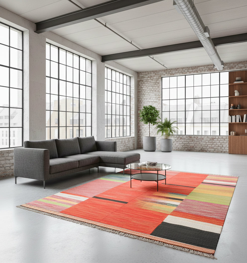 Kilim Art Deco 308 x 201 cm en situation dans un intérieur moderne – Décoration provenance Nord Ouest-Afghanistan