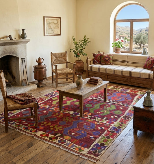 Tapis kilim Aydin vintage (208 × 163 cm) aux motifs géométriques pourpres et verts, mis en situation dans un salon rustique avec sol en bois, cheminée en pierre, banquette traditionnelle et vue sur un paysage de montagne par une fenêtre en arche.