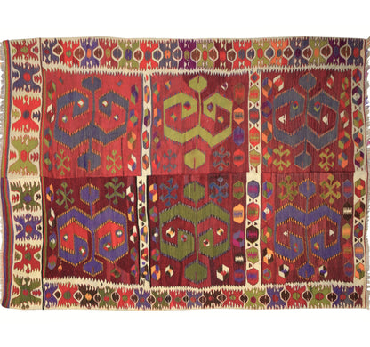 Tapis kilim ancien Aydin 208×163 cm, vue d'ensemble – Laine naturelle, environ 60 ans, Anatolie de l'Ouest