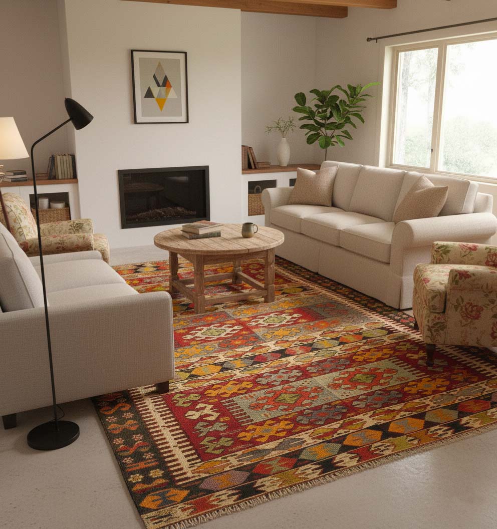 Kilim Aydin 300 x 172 cm en situation dans un intérieur moderne – Décoration provenance Aydin