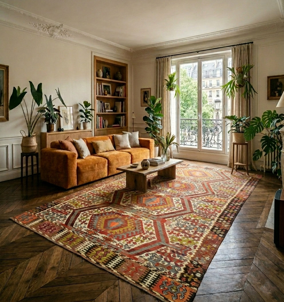 Grand tapis kilim Aydin en laine aux motifs hexagonaux traditionnels (340 x 190 cm) mis en situation dans un salon parisien avec parquet en point de Hongrie, canapé en velours orange, grandes plantes vertes et fenêtres de style Haussmannien