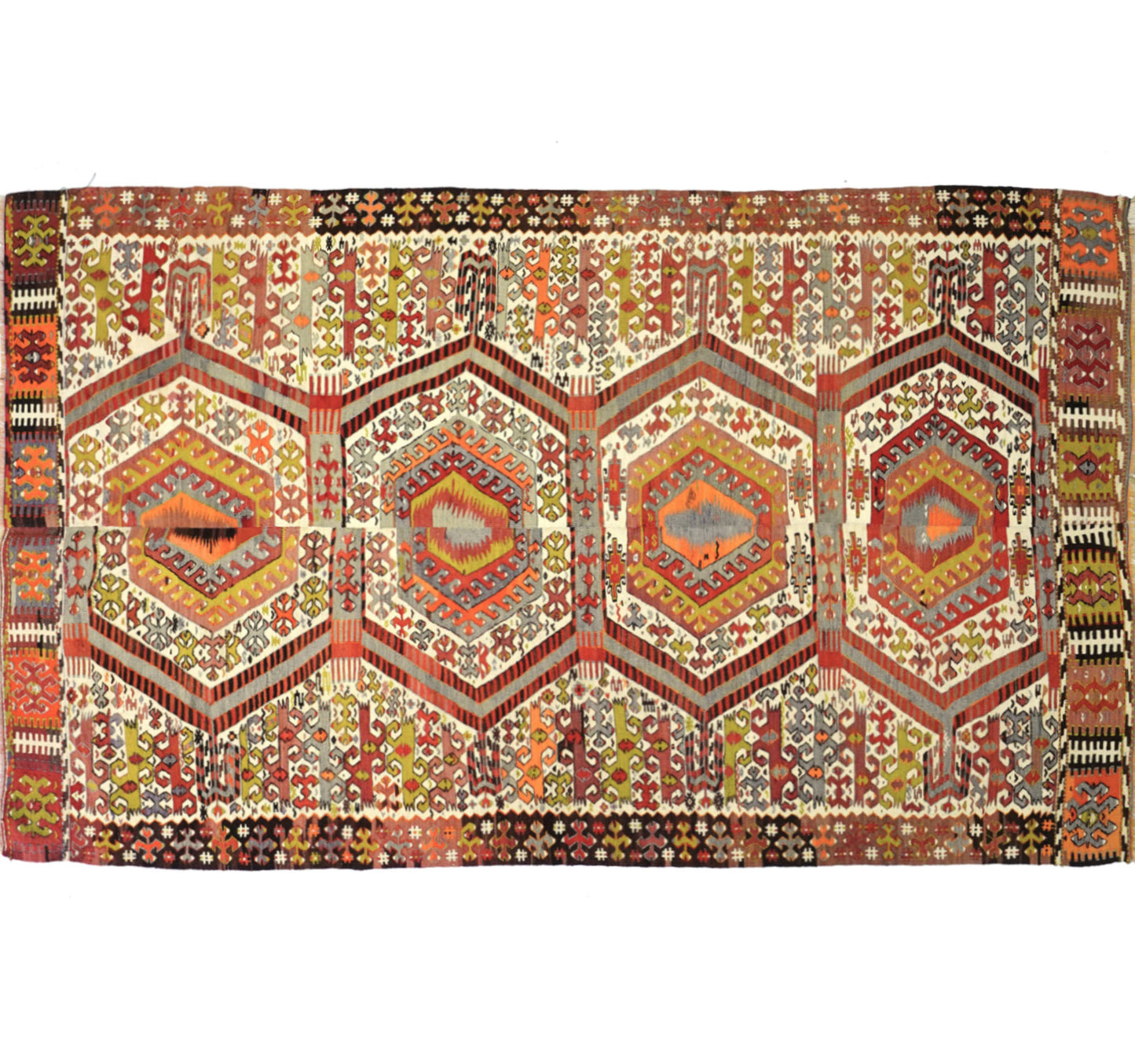 Tapis kilim ancien Aydin 340×190 cm, vue d'ensemble – Laine naturelle, environ 65 ans, Anatolie de l'Ouest