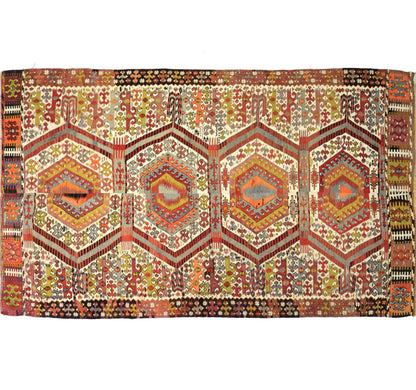 Tapis kilim ancien Aydin 340×190 cm, vue d'ensemble – Laine naturelle, environ 65 ans, Anatolie de l'Ouest