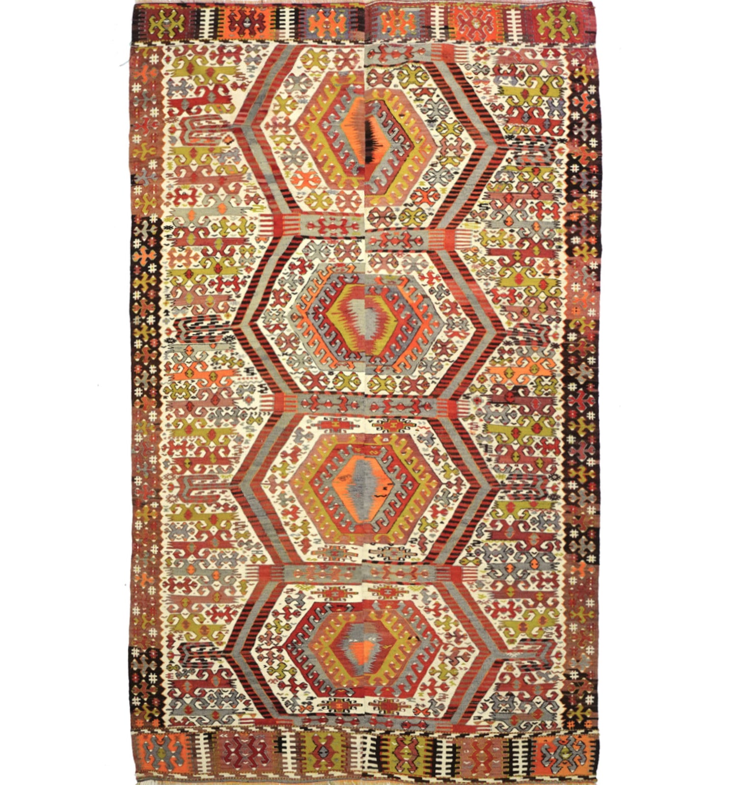 Kilim ancien Aydin 340×190 cm – Tapis kilim tissé main en laine naturelle, Anatolie de l'Ouest