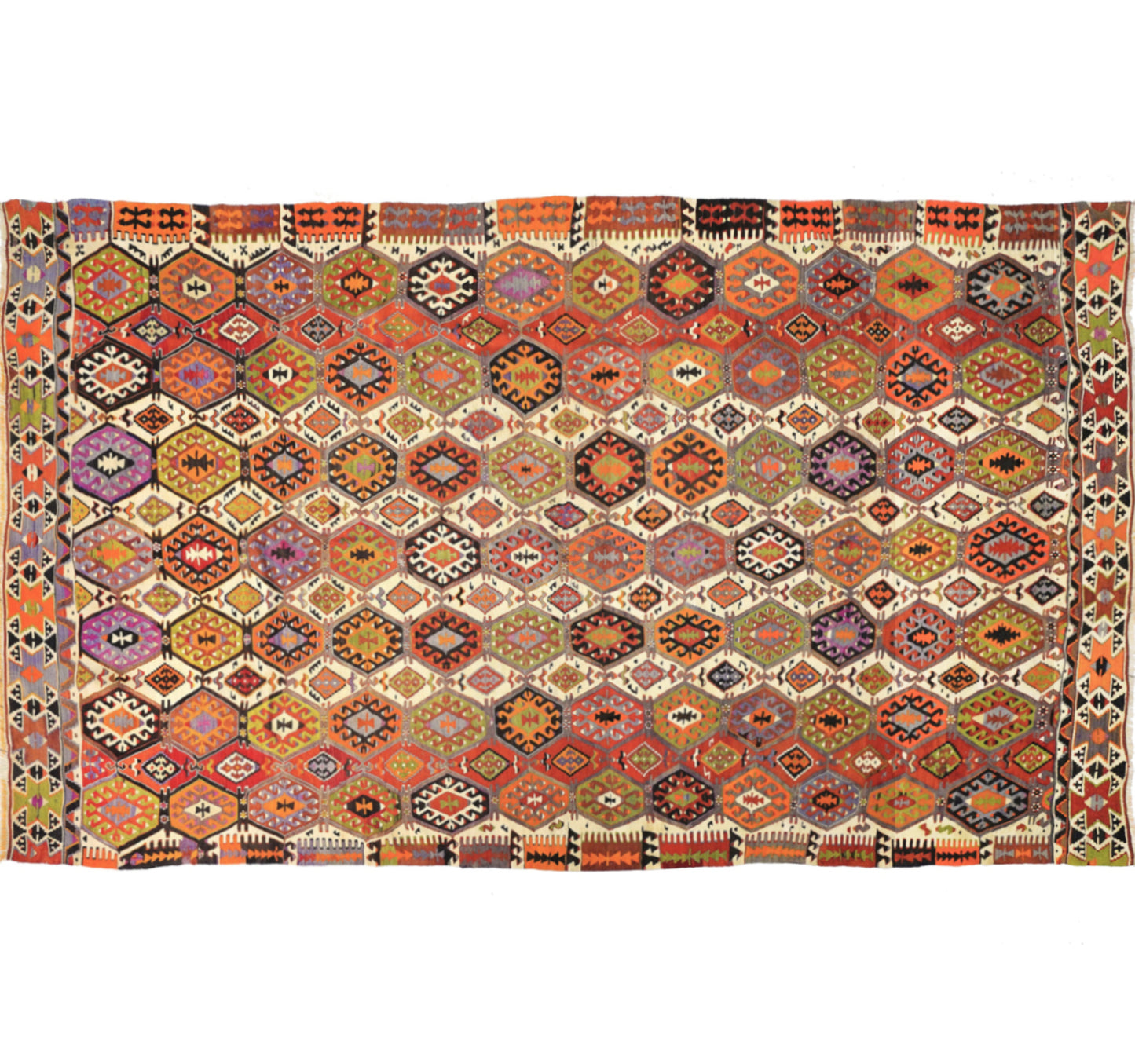 Tapis kilim ancien Aydin 365×220 cm, vue d'ensemble – Laine naturelle, environ 70 ans, Anatolie de l'Ouest