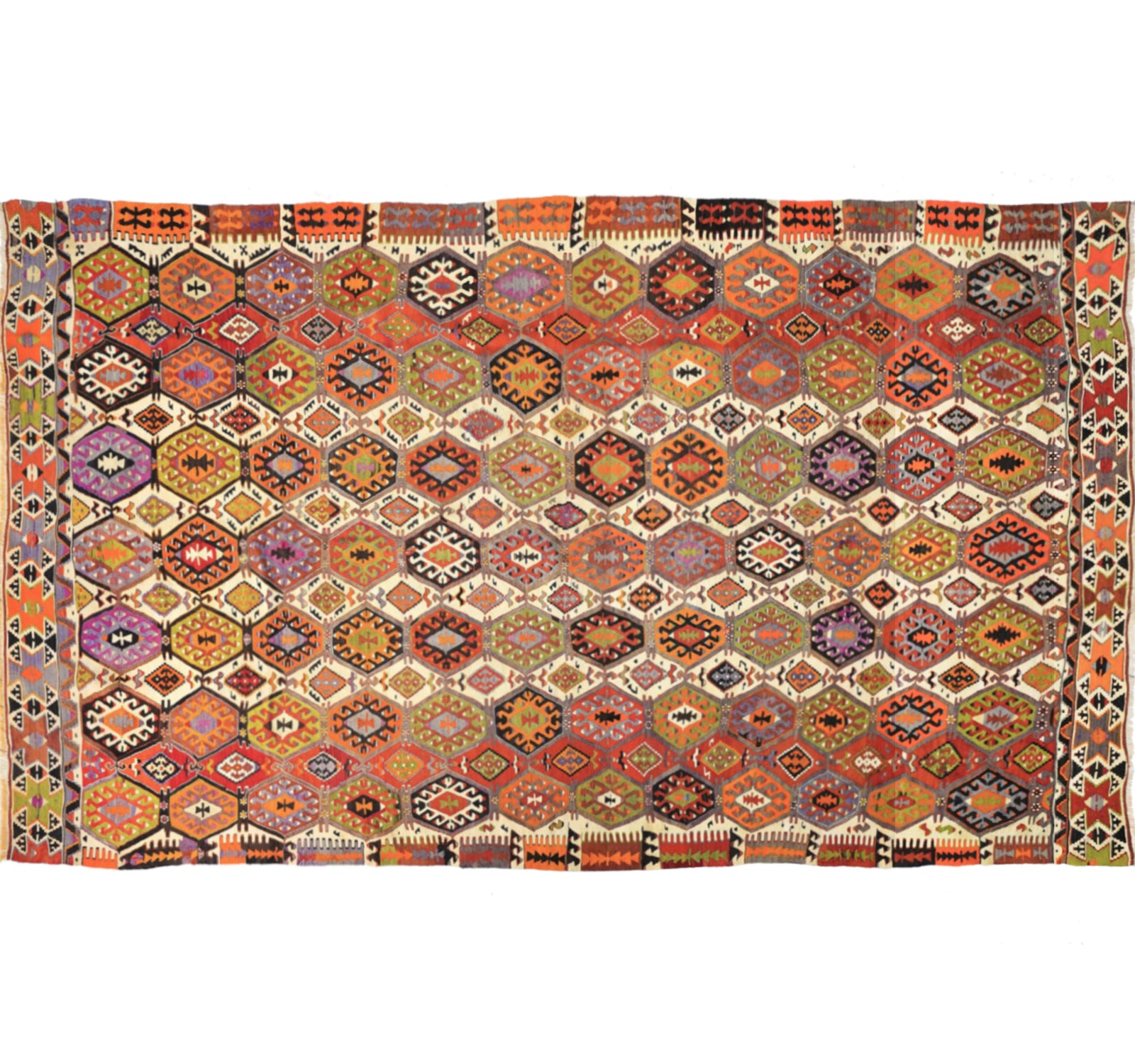 Tapis kilim ancien Aydin 365×220 cm, vue d'ensemble – Laine naturelle, environ 70 ans, Anatolie de l'Ouest
