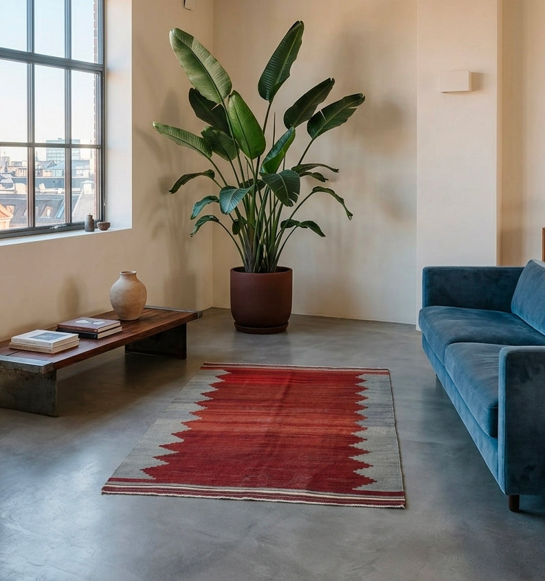 Tapis Kilim Balikesir vintage rouge et gris en laine dans un salon moderne avec sol en béton ciré, canapé bleu et plante verte