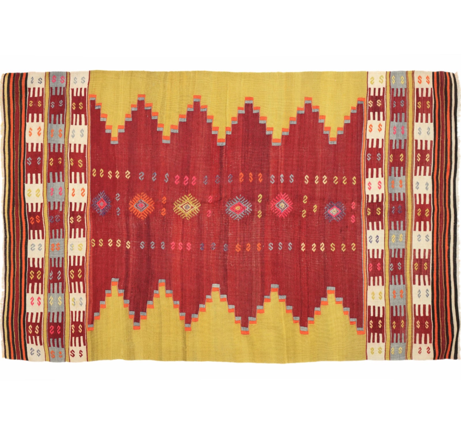 Vue horizontale du kilim Balikesir 228 x 145 cm – Tapis turc en laine de provenance Balikesir