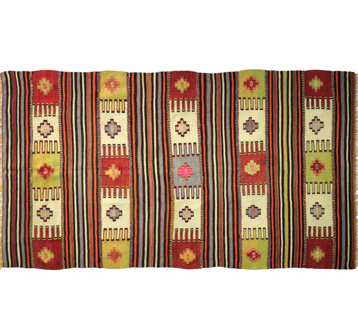 Tapis kilim ancien Balikesir 260×145 cm, vue d'ensemble – Laine naturelle, environ 60 ans, Anatolie du Nord-Ouest