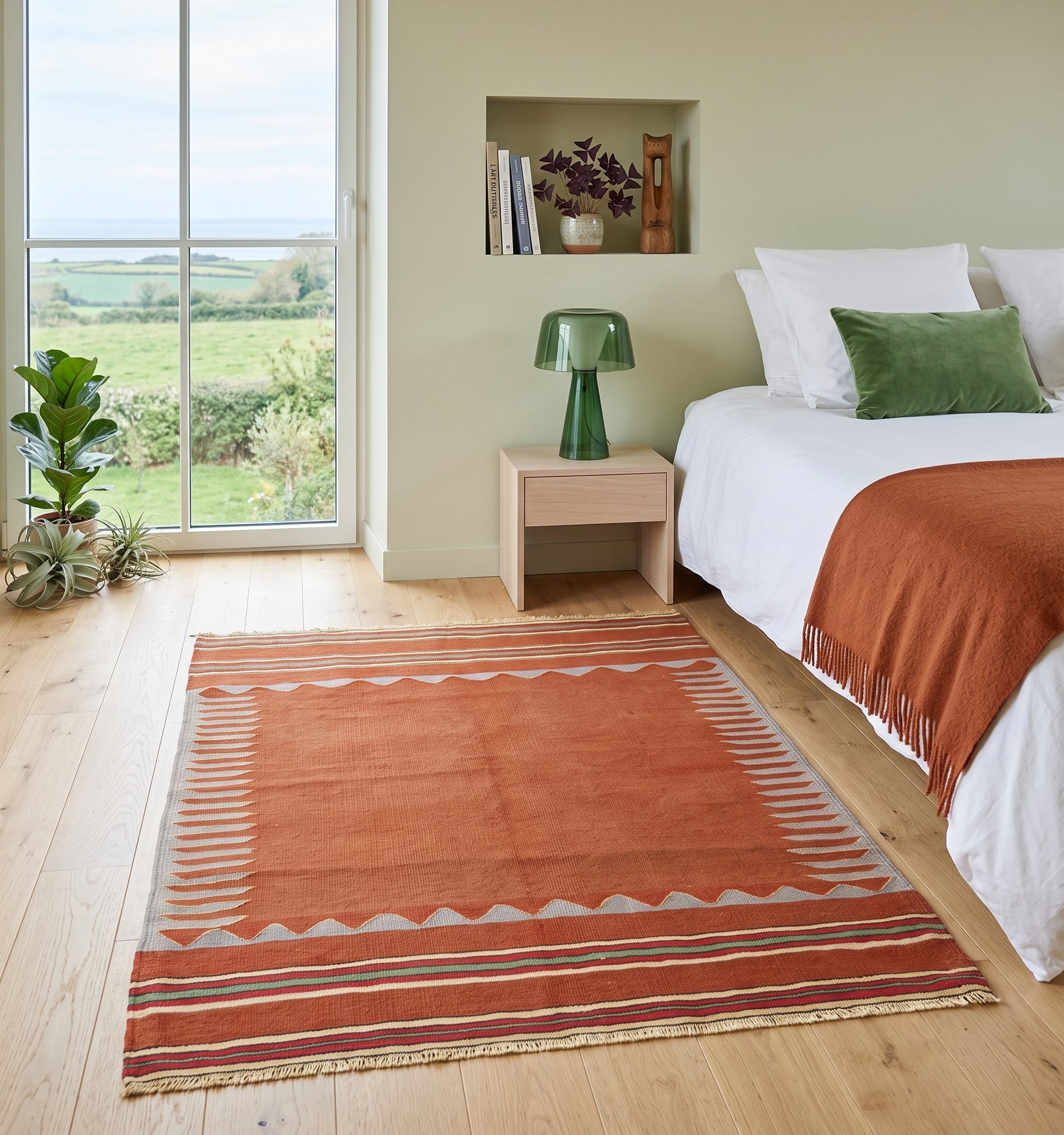 Kilim ancien de Balikesir, tapis kilim tissé main en laine par des nomades d'Anatolie, fond terracotta bordé de dents de loup, posé dans une chambre en Normandie face aux champs verdoyants