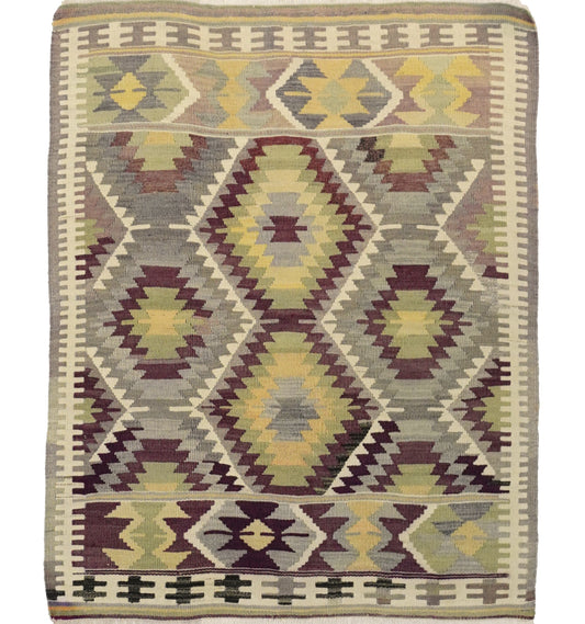 Kilim ancien Barak 128×108 cm – Tapis kilim tissé main en laine naturelle, Anatolie du Sud-Est