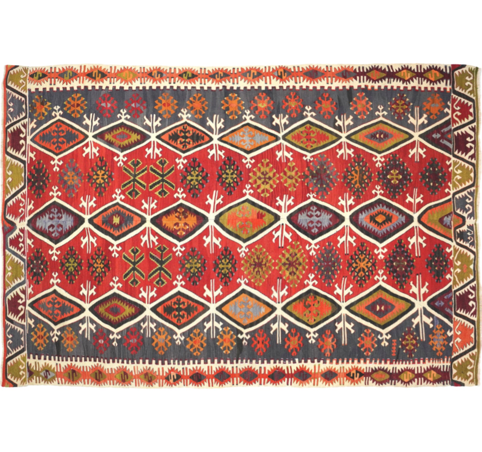 Vue horizontale du kilim Beddik 305 x 190 cm – Tapis turc en laine de provenance Beddik