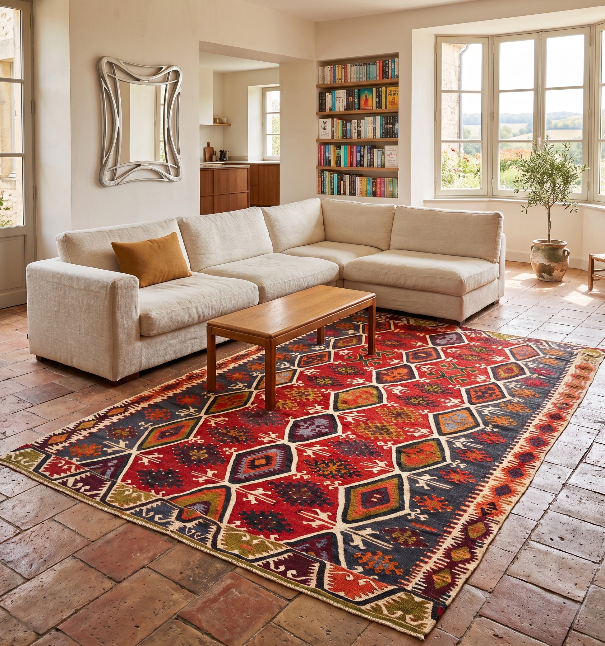 Kilim ancien Beddik, grand tapis kilim tissé main en laine par des nomades d'Anatolie, mosaïque de losanges rouge et bleu nuit, posé sur tomettes en terre cuite dans un salon du Périgord face à la campagne