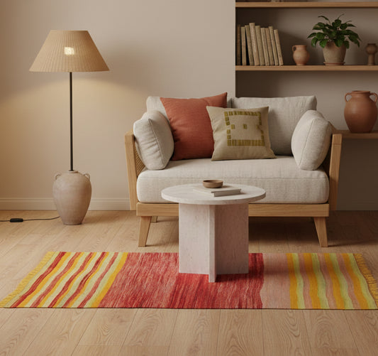 Kilim Bodrum 112 x 70 cm en situation dans un intérieur moderne – Décoration provenance Bodrum