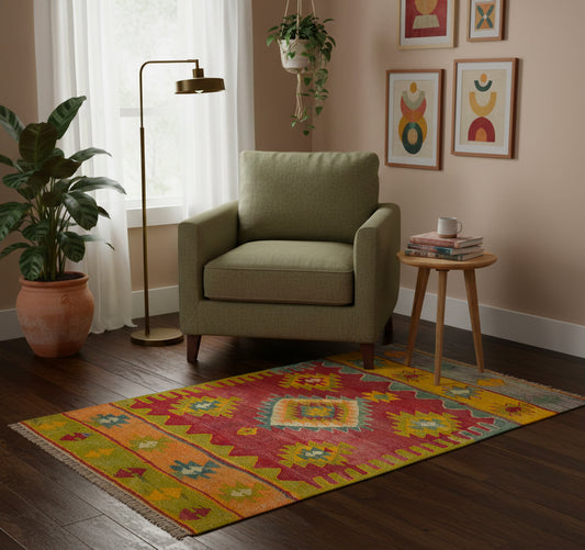 Kilim Cal 120 x 88 cm en situation dans un intérieur moderne – Décoration provenance Cal