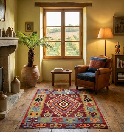 Petit tapis kilim Cal ancien (130 × 103 cm) aux motifs géométriques rouge vif et bleu, mis en situation dans un coin lecture chaleureux avec fauteuil club en cuir, lampe sur pied, grande plante en pot et vue bucolique sur un verger par la fenêtre.