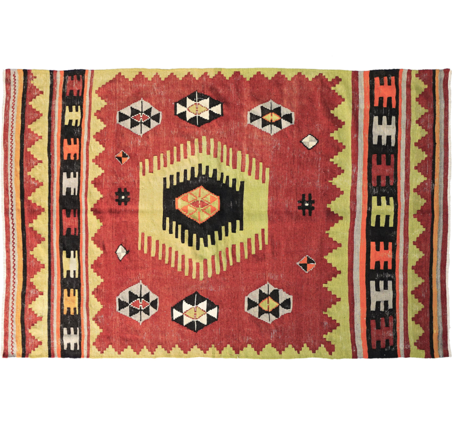 Tapis kilim ancien Cal 200×130 cm, vue d'ensemble – Laine naturelle, environ 55 ans, Anatolie de l'Ouest