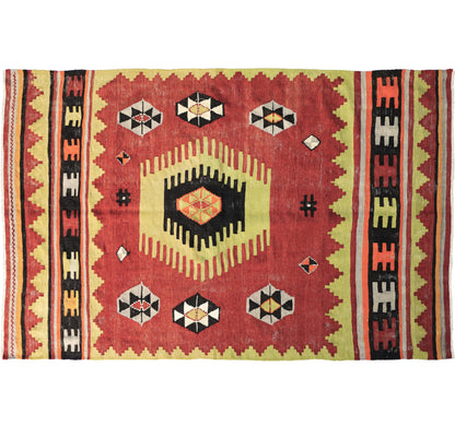 Tapis kilim ancien Cal 200×130 cm, vue d'ensemble – Laine naturelle, environ 55 ans, Anatolie de l'Ouest