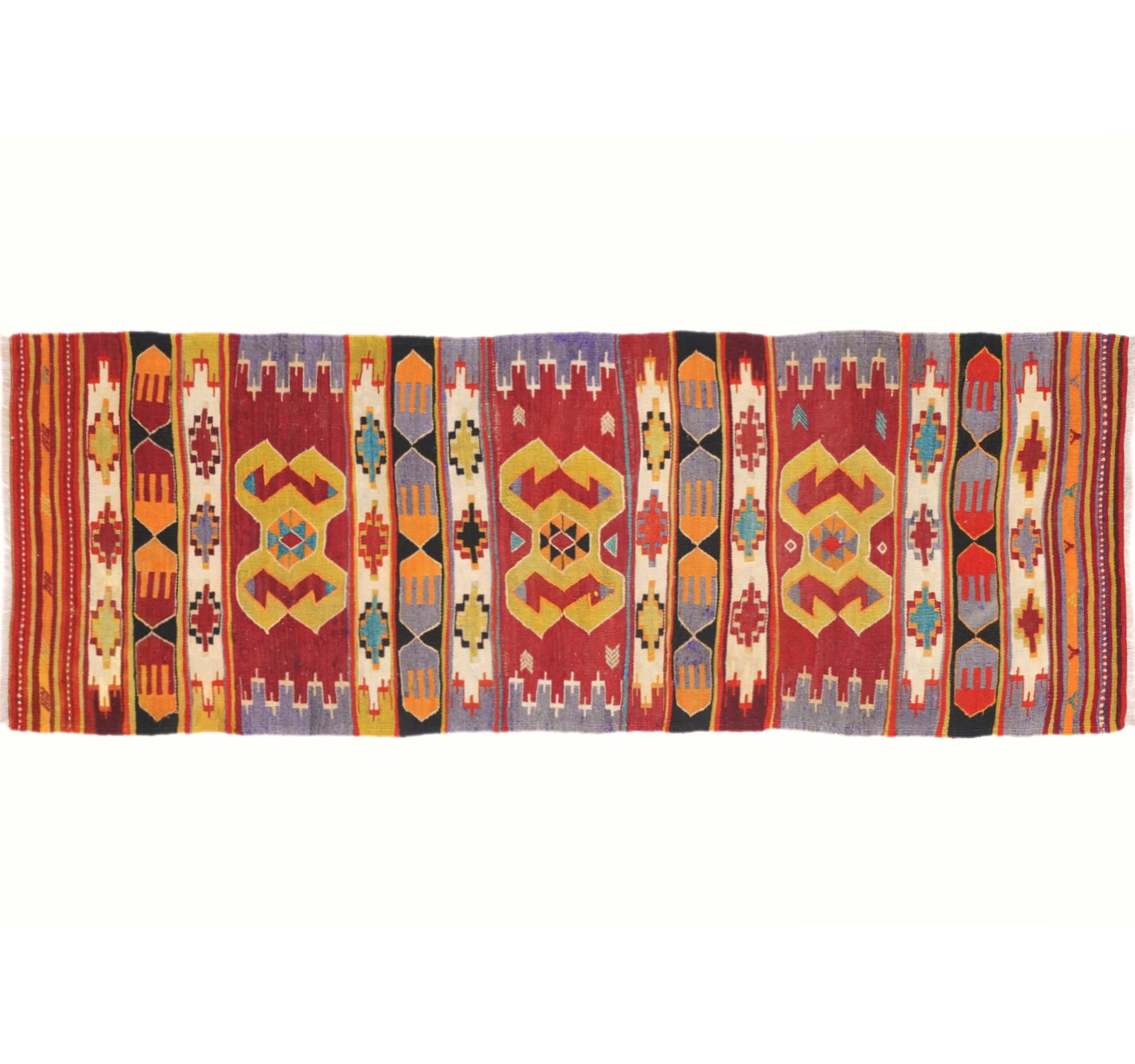 Vue horizontale du kilim Cal 230 x 80 cm – Tapis turc en laine de provenance Cal
