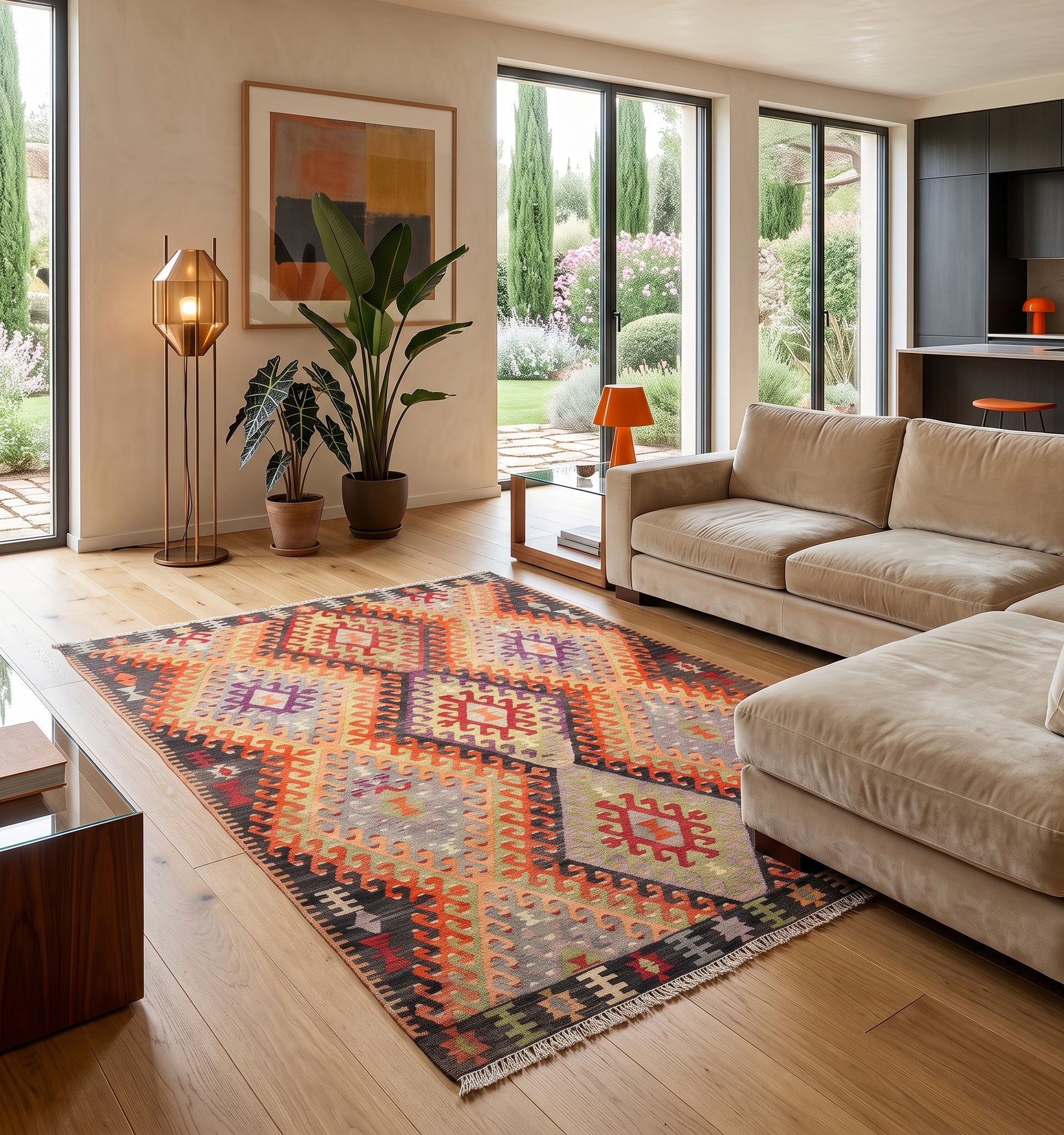 Kilim ancien Cal, tapis kilim tissé main en laine par des nomades d'Anatolie, losanges rouge et prune sur fond graphique, posé dans un salon en Provence face aux cyprès et au jardin fleuri