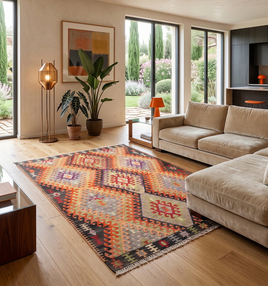 Kilim ancien Cal, tapis kilim tissé main en laine par des nomades d'Anatolie, losanges rouge et prune sur fond graphique, posé dans un salon en Provence face aux cyprès et au jardin fleuri