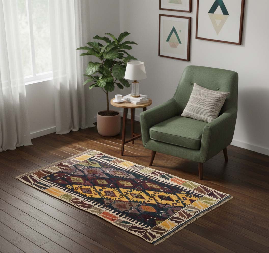 Kilim Camardi 128 x 90 cm en situation dans un intérieur moderne – Décoration provenance Camardi