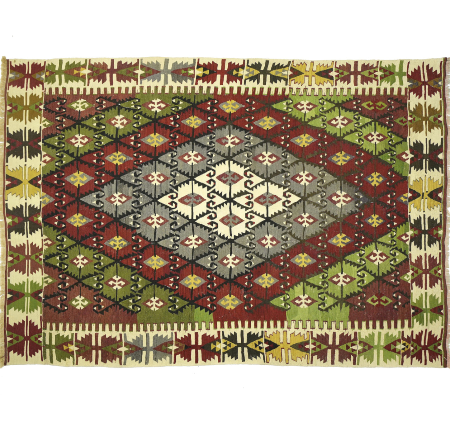 Tapis kilim ancien Camardi 220×158 cm, vue d'ensemble – Laine naturelle, environ 65 ans, Anatolie Centrale