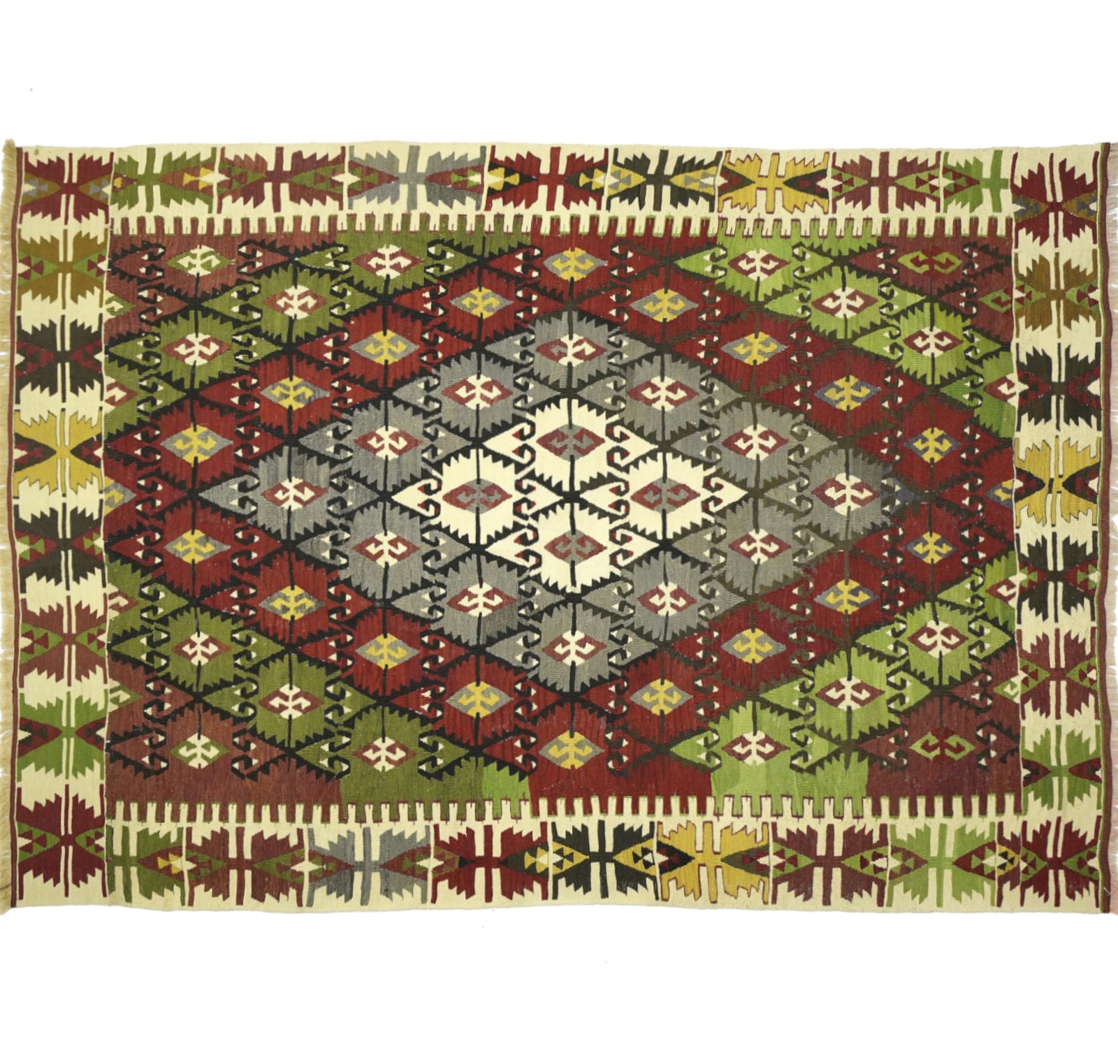 Tapis kilim ancien Camardi 220×158 cm, vue d'ensemble – Laine naturelle, environ 65 ans, Anatolie Centrale