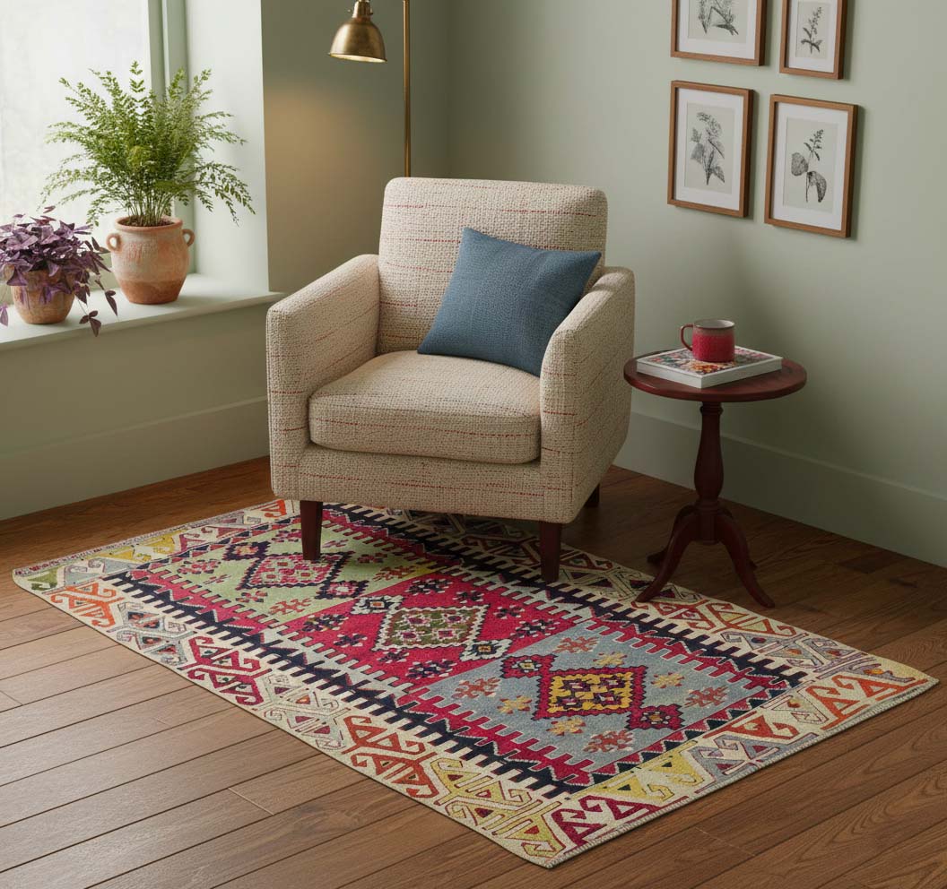 Kilim Cankiri 120 x 85 cm en situation dans un intérieur moderne – Décoration provenance Cankiri