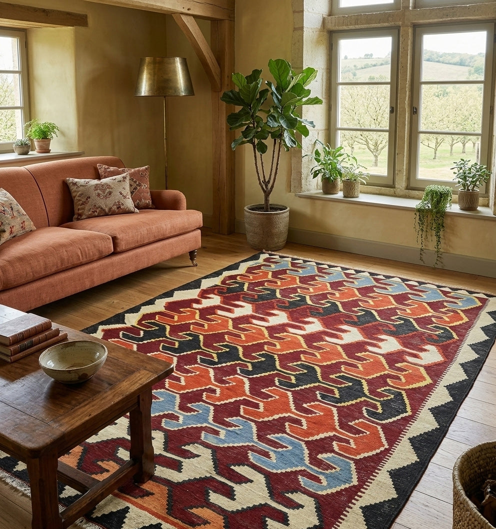 Kilim Caucase 260 x 180 cm en situation dans un intérieur moderne – Décoration provenance Caucase