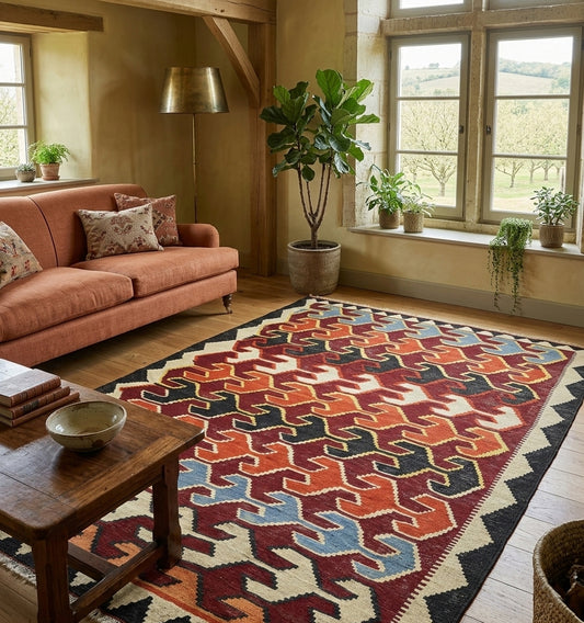 Kilim Caucase 260 x 180 cm en situation dans un intérieur moderne – Décoration provenance Caucase