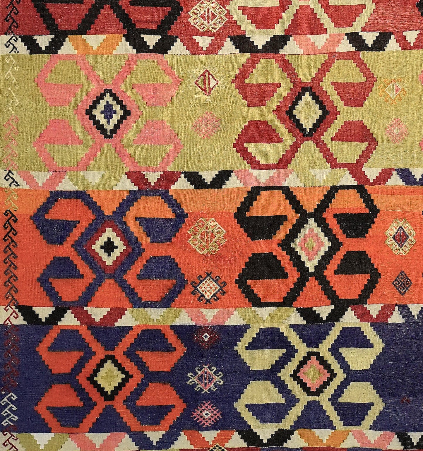 Détail du tissage – Tapis kilim ancien Caucase 290×190 cm, laine naturelle tissée main