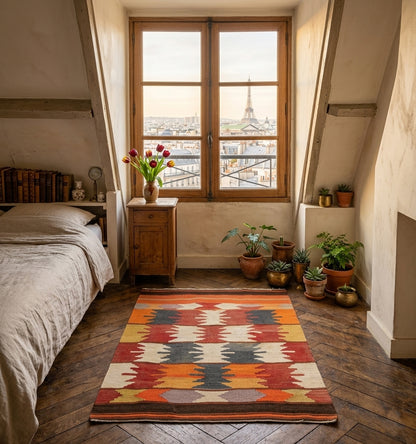 Petit tapis kilim pour chambre Usak tissé main (100 x 73 cm) aux motifs géométriques orange, jaune et gris, disposé dans une chambre mansardée parisienne avec parquet en point de Hongrie. La scène montre un lit bas avec linge en lin, une table de nuit ancienne avec des tulipes rouges, plusieurs plantes en pots et une vue directe sur la Tour Eiffel par la fenêtre en bois.