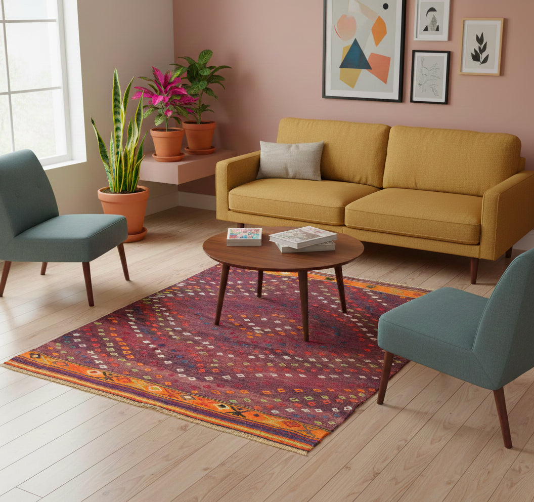 Kilim Cicim 124 x 122 cm en situation dans un intérieur moderne – Décoration provenance Cicim