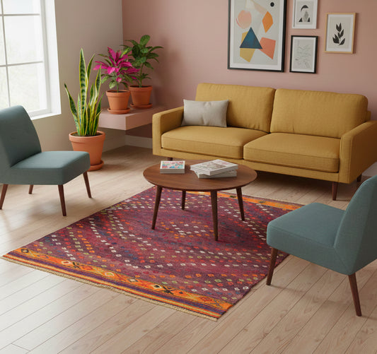 Kilim Cicim 124 x 122 cm en situation dans un intérieur moderne – Décoration provenance Cicim