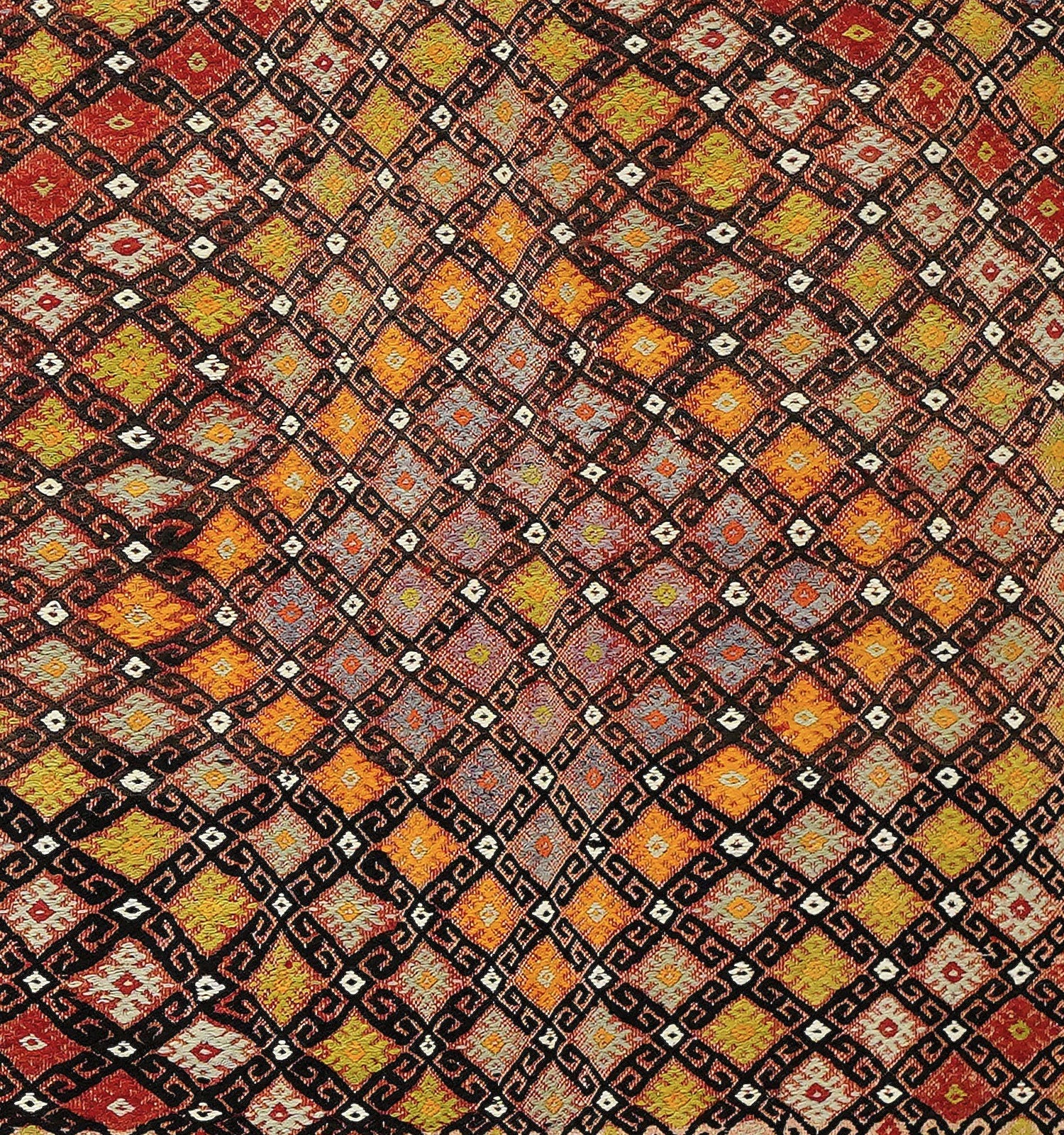 Détail du tissage – Tapis kilim ancien Cicim 135×120 cm, laine naturelle tissée main