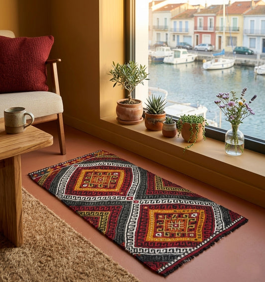 Petit kilim Cicim turc aux motifs tribaux rouges, noirs et dorés, tissage artisanal en laine disposé dans un coin lecture chaleureux avec vue sur port, mariant artisanat d'Anatolie et décoration d'intérieur contemporaine.