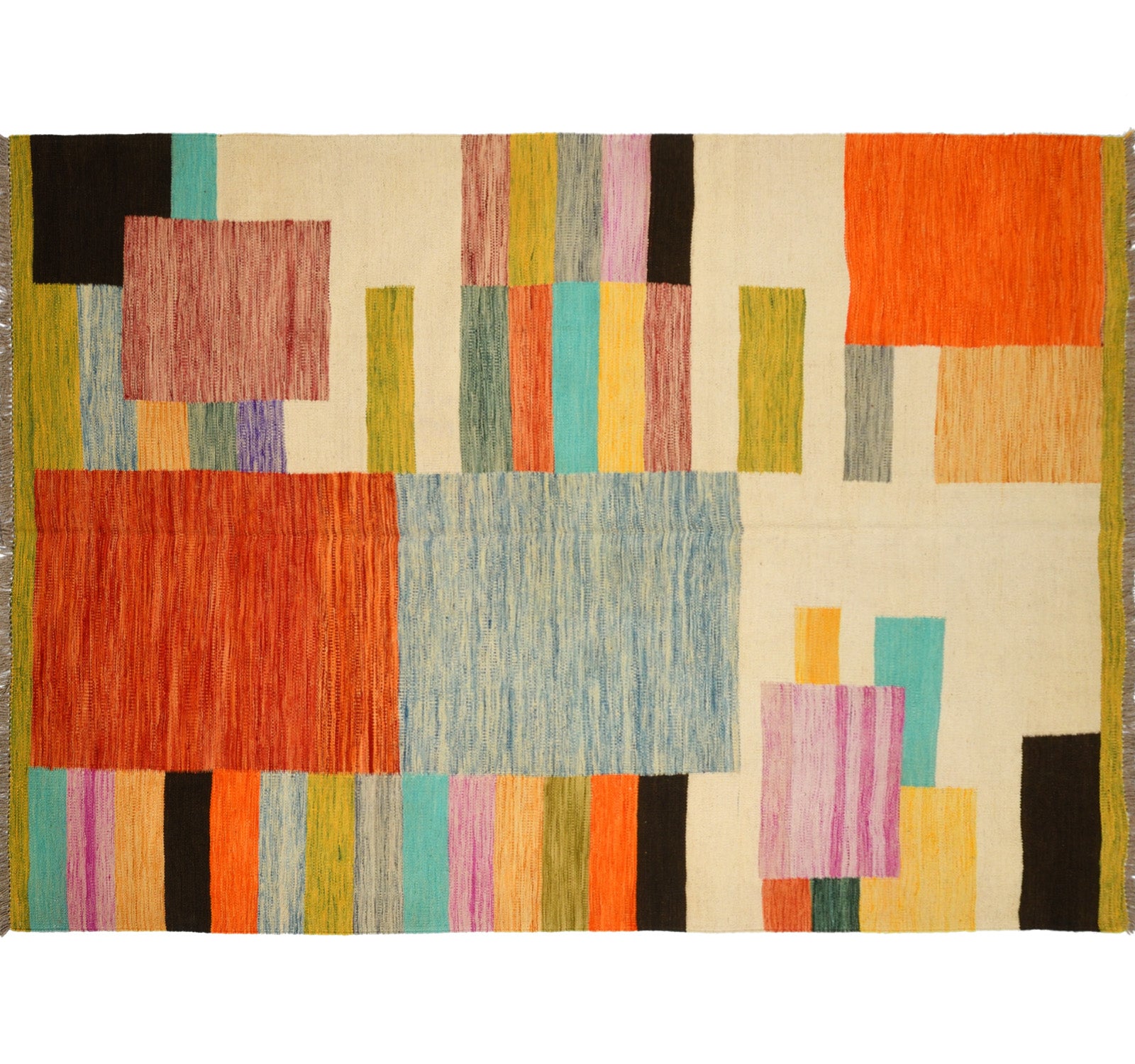 Tapis kilim Art Déco 247×179 cm, vue d'ensemble – Laine naturelle, Nord-Ouest Afghanistan