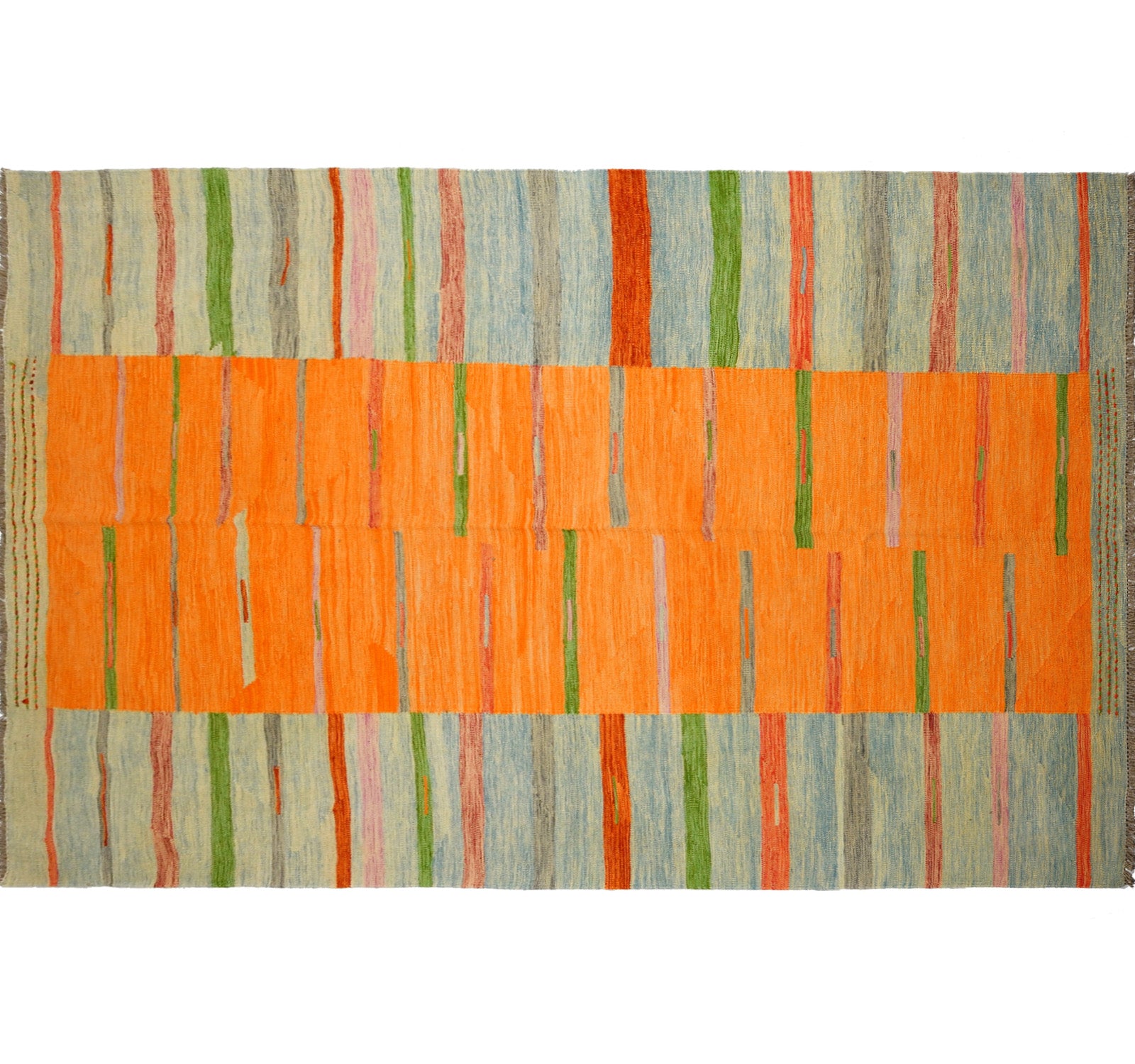 Tapis kilim Art Déco 298×199 cm, vue d'ensemble – Laine naturelle, Nord-Ouest Afghanistan