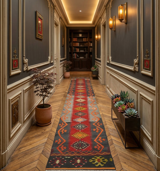 Grand tapis Kilim de couloir aux motifs tribaux rouges et anthracite, mettant en valeur un parquet en point de Hongrie dans un intérieur de luxe aux moulures classiques et éclairage tamisé.
